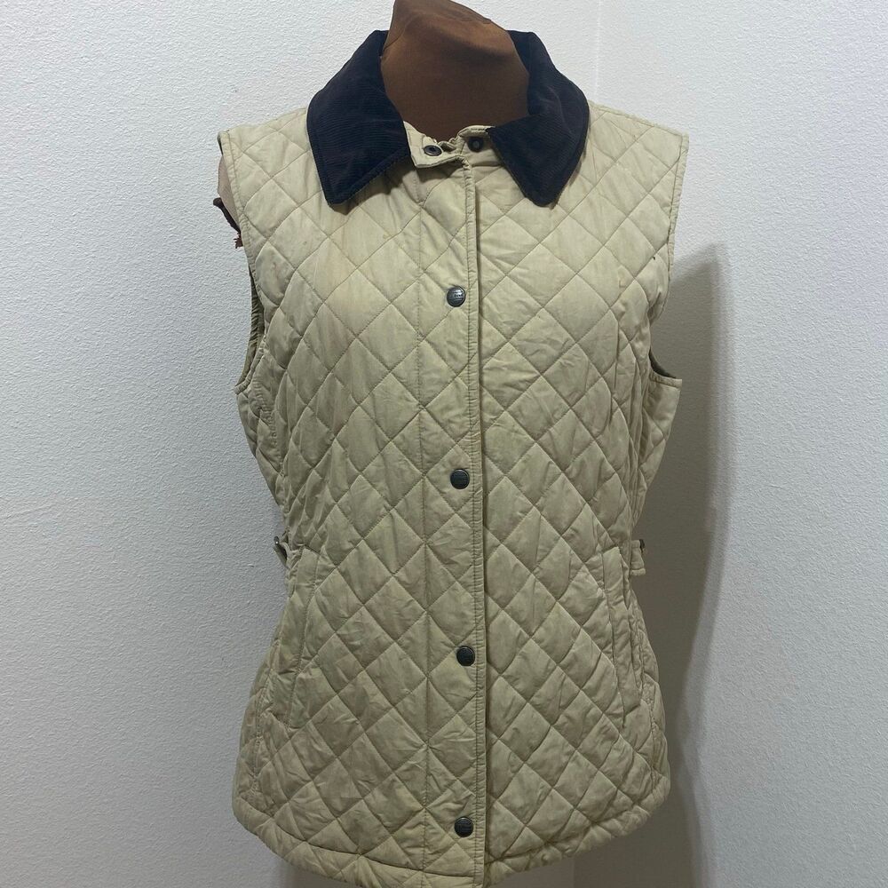VTG LL Bean Womens Equestrian Vest Quilted Corduroy Snaps Beige Brown Medium